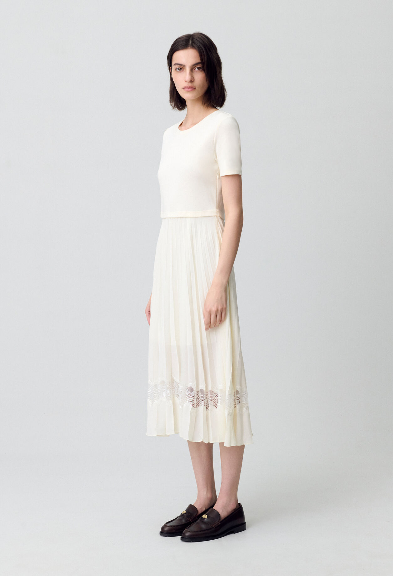 Twist ivory bi-material midi dress