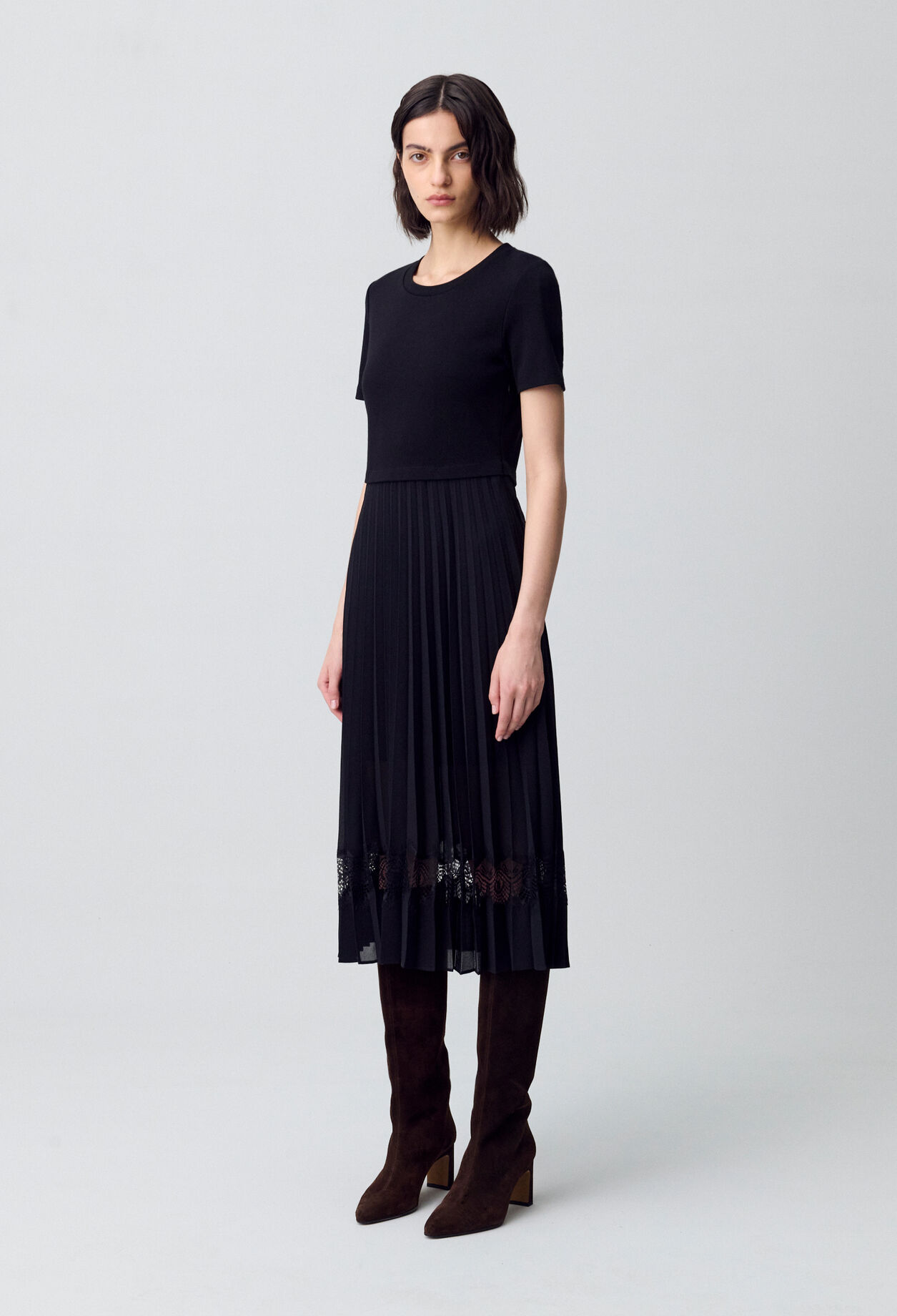 Twist black bi-material midi dress