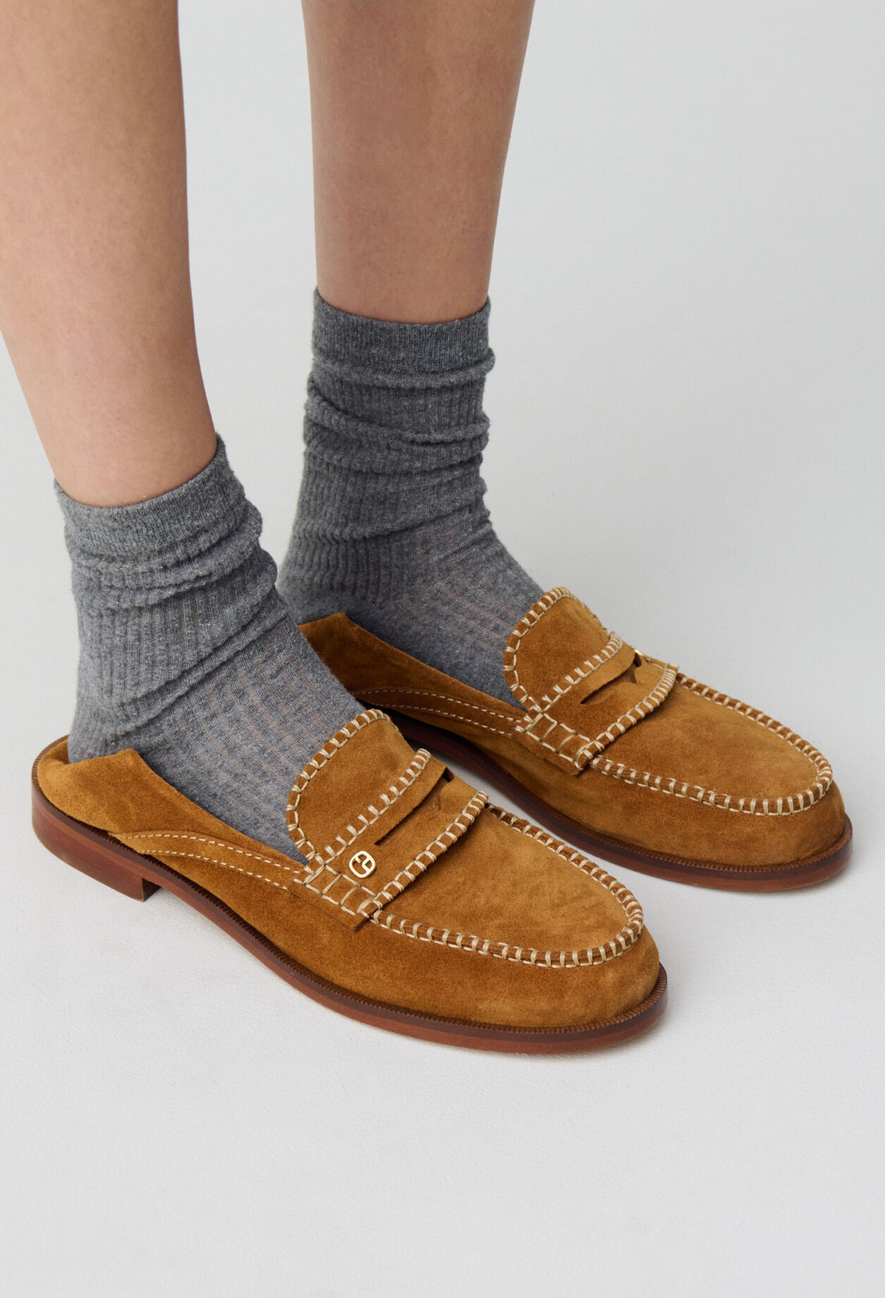 Suede mules with gold monogram 8 Suede mules with gold monogram